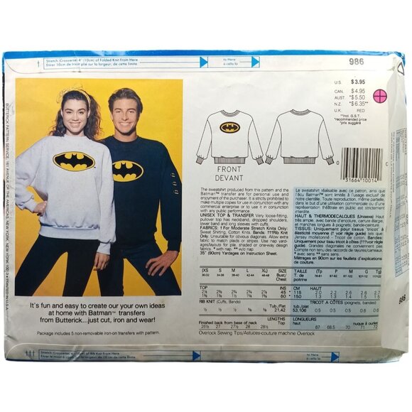 Butterick 986 Batman Sweatshirt Sewing Pattern Adult & Child Sizes Unisex Vintag - Picture 2 of 2